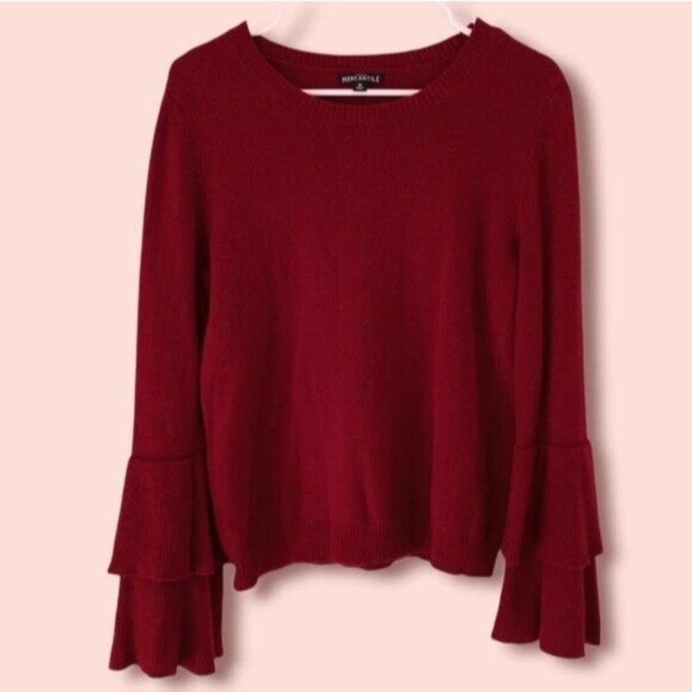 J. Crew MERCANTILE Burgundy Bell Sleeve Pullover MEDIUM Tiered Ruffle Sweater